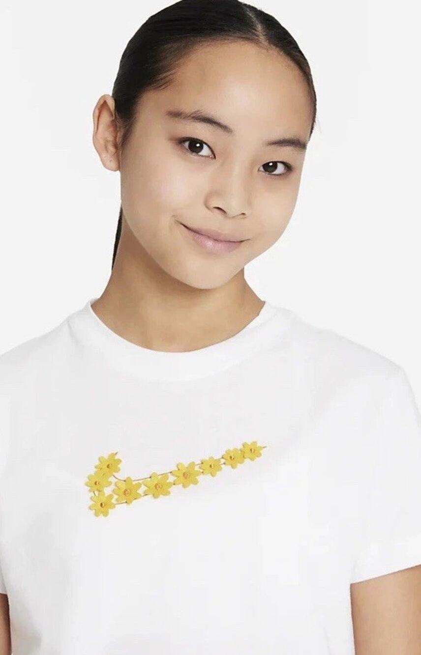 Nike Girls Daisy Swoosh T-Shirt White Yellow Floral Logo Size Large